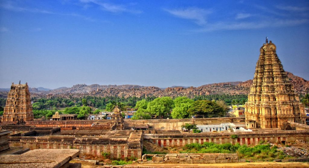 Virupaksha Temple gopuram at sunrise, Hampi